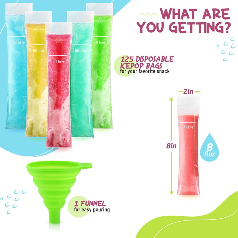 Frozip 125 Disposable Ice Popsicle Mold Bags| BPA Free Freezer Tubes With Zip Seals | For Healthy Snacks, Yogurt Sticks, Juice & Fruit Smoothies, Ice Candy Pops| Comes With A Funnel (8x2") - Image 2